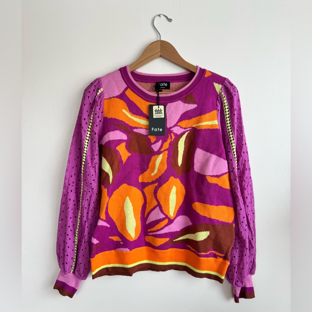 NWT Fate Barbiecore Lace Eyelet Sleeves Abstract Pink & Orange Sweater - Medium - Picture 7 of 16